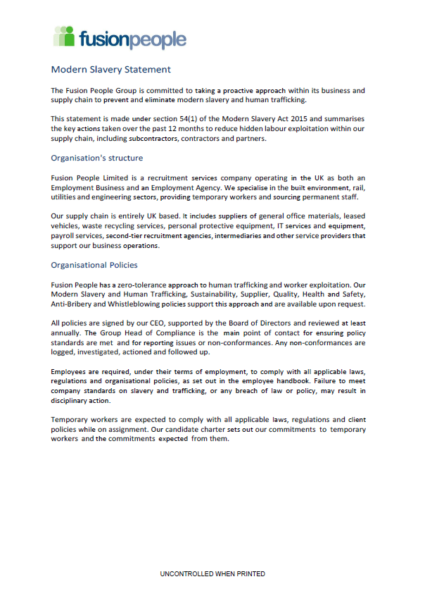 Fusion Peoples Modern Slavery Statement, Page 1 of document