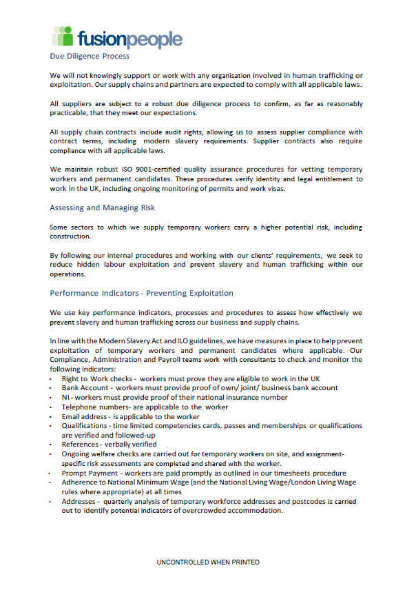 Fusion Peoples Modern Slavery Statement, Page 2 of document
