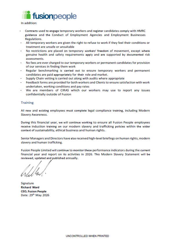 Fusion Peoples Modern Slavery Statement, Page 3 of document. Including the CEO Richard Wards signature