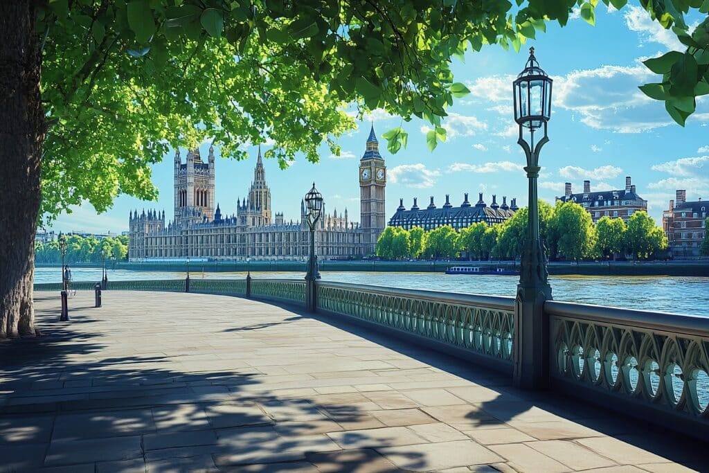 Beautiful view of London with Big Ben and Palace in the background, sunny day, river Thames