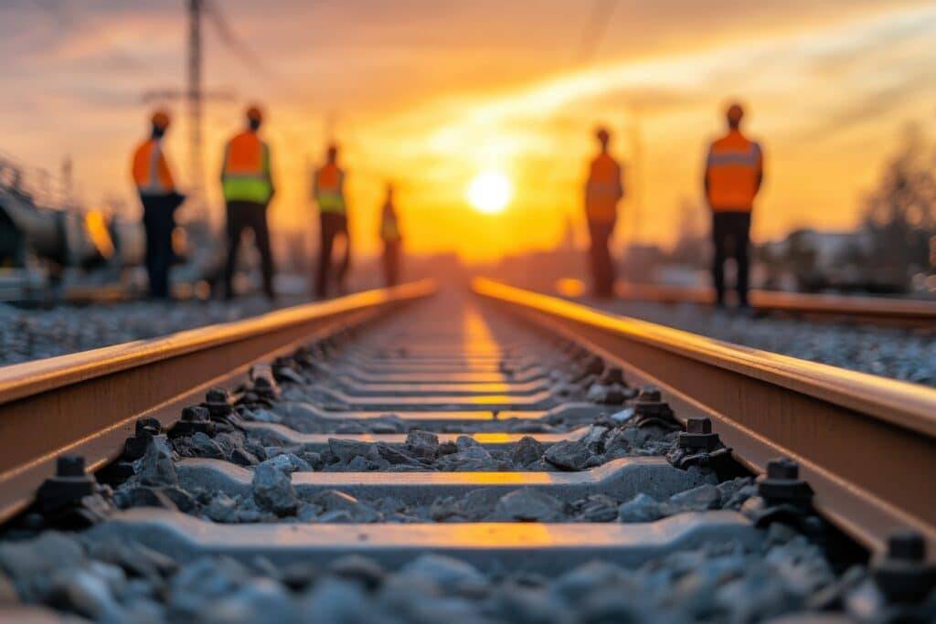 Focused View on Railway Tracks with Blurred Background of Railroad Workers in High Visibility Clothing Inspecting the Site on a hot day